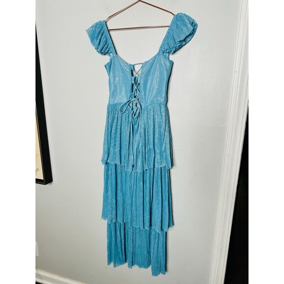 SABINA MUSAYEV Light Blue Metallic Corseted Back Keyhole Cutout Amandea Dress M - Picture 10 of 16